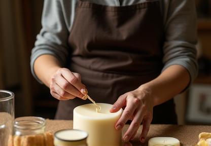 Artesano elaborando velas a mano en un taller boutique en Madrid.