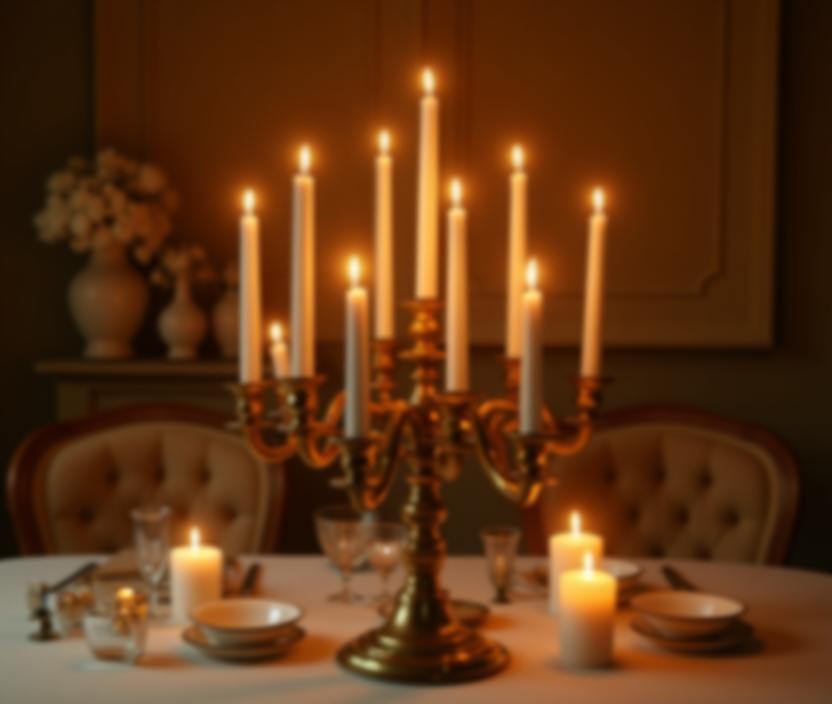 Velas de candelabro clásicas, varias alturas en una mesa elegante