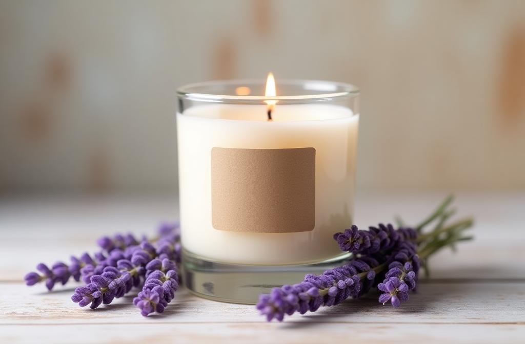 Vela aromática con flores de lavanda secas y etiqueta natural
