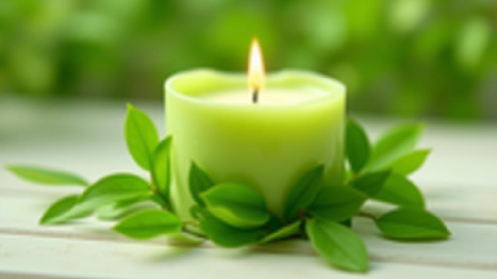 Vela verde decorada con hojas naturales, estilo fresco